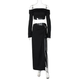 FOESCE Women's Solid Beach Skirt Sets Sexy High Split Slim Bohemian Outfits Off The Shoulder Holiday Fashion 2 Piece Set 2025 Beachwear