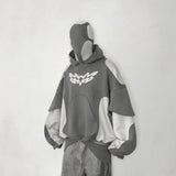 FOESCE Y2K Fashion Hip Hop Gray Stitching Embroidered Hooded Sweater Loose Casual Hooded Sweatshirt Gothic Street Retro Women Clothing