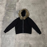 FOESCE Y2K Zip up Hoodie Solid color fur collar Men Clothes Hip Hop Rock Goth Streetwear Loose Fashion American Style Hooded Sweatshirt