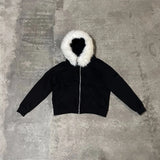 FOESCE Y2K Zip up Hoodie Solid color fur collar Men Clothes Hip Hop Rock Goth Streetwear Loose Fashion American Style Hooded Sweatshirt