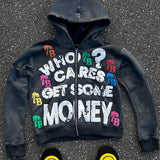 FOESCE Y2K Zip up Hoodie Solid color fur collar Men Clothes Hip Hop Rock Goth Streetwear Loose Fashion American Style Hooded Sweatshirt