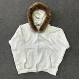 FOESCE Y2K Zip up Hoodie Solid color fur collar Men Clothes Hip Hop Rock Goth Streetwear Loose Fashion American Style Hooded Sweatshirt