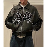 FOESCE Y2k America Street Leather Jacket Retro Trendy Brand Star Letter Embroidery Zipper Jackets Outdoor Motorcycle Coat Windbreaker