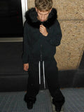 Y2k Fur Collar Hoodie Sweatpants Tracksuit Male Street Hip Hop Zipper Hoodies Jacket Straight Pants 2 Piece Set Punk Sweatshirt