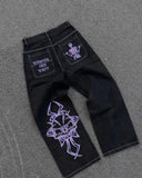 FOESCE Y2k Men Retro Harajuku Clothing 2025 New Baggy Casual Wide Leg Jeans Hip Hop Print Jeans Trend Fashion Black High waist Jean
