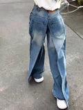 FOESCE Y2k Vintage Blue Baggy Jeans Women High Waist  Aesthetic Harajuku Denim Trousers 90s Trashy Emo 2000s Grunge Cargo Pants