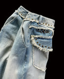FOESCE Y2k men street fashion high-waisted wide-leg pants 2025 heavy industry rivet design raw edge jeans retro Harajuku loose pants