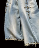 FOESCE Y2k men street fashion high-waisted wide-leg pants 2025 heavy industry rivet design raw edge jeans retro Harajuku loose pants