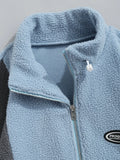 FOESCE ZAFUL Men's Casual Colorblock Fleece Fluffy Zip Up Stand Collar Pocket Toggle Drawstring Applique Design Jacket