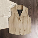 FOESCE Men's Retro Herringbone Pattern Vest Men's Suit Collar Vest Slim-fit Tweed Vest Wedding Vest Men