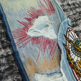 FOESCE men complicated embroidery stitching distressed jeans