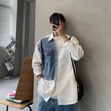 FOESCE spring and summer new Korean style long sleeved shirt men loose niche design contrasting color stitching denim shirt trendy y2k