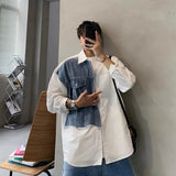 FOESCE spring and summer new Korean style long sleeved shirt men loose niche design contrasting color stitching denim shirt trendy y2k