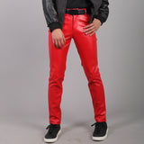 Spring Summer Moto Skinny Elastic Faux Leather Pants Men Black Gold White Thin PU Leather Trousers Brand Men Clothing