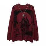 Foesce Harajuku Priest Salvation Printed Knitwears Women Streetwear Hip Hop Destroyed Hole Ripped Pullovers Jumper Oversized Men