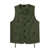 Foesce -Japan Amekaji Vest Men Casual Loose Sleeveless Vests Multi-Pocket V-neck Solid Vintage Cargo Jacket Tops Waistcoat S-XXL
