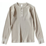 Foesce Heavy American Retro Khaki Sweater Shirt Waffle Cotton Henry Collar Long Sleeve T-shirt Men Cotton Slim Base Pullover Shirt