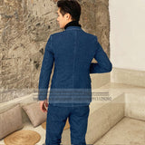 Blue Denim Peacked Lapel Double Breasted Jacket Tuxedo Groomsman Mens Suits For Wedding 2 Piece Blazers Coat+Pants Smoking Wear