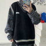 Foesce 1 Sweater Vest Men V-neck Shrug Patchwork Knitted Couples Ins Plus Size 3XL Oversize Harajuku Vests Ins Chic Korean Style Leisure