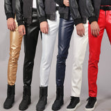 Spring Summer Moto Skinny Elastic Faux Leather Pants Men Black Gold White Thin PU Leather Trousers Brand Men Clothing