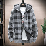 Autumn Korean Hooded Men's Sweater with Thick and Velvet Men's Cardigan Knitted Sweater Coat Grid Jacket Male M-4XL