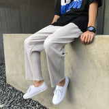 Foesce Pleated Straight Pants Men's Fashion Elastic Waist Casual Pants Men Streetwear Loose Ice Silk Trousers Mens Wide Leg Pants S-2XL