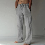 Men's Casual Pants Daily Wear Solid Summer Full Length Soft Linen Pants Mid Waist Pocket Drawstring Trousers Streetwear Bottoms