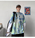Spring/Autumn Fake Two-piece Tshirt Women T Shrit Long-sleeved T-shirt Korean Trend Student Bottoming Shirt Hip-hop Tie-dye Top