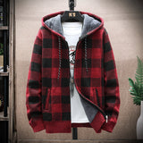 Autumn Korean Hooded Men's Sweater with Thick and Velvet Men's Cardigan Knitted Sweater Coat Grid Jacket Male M-4XL