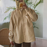 Korean Style Corduroy Casual Shirt Men Single Row Button Lapel Pocket Men's Shirt Fashion Loose Solid Long Sleeve Top Men