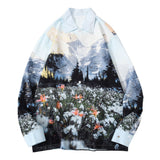 Foesce Mountain Flowers Landscape Print Long Sleeve Hawaiian Beach Shirts Streetwear Mens Harajuku Casual Blouse Shirt Tops