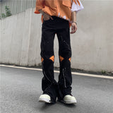 High Street Loose Jeans Zipper Slit Flared Pants Men's Pants Casual Black Denim Pants Stacked Jeans  Men Jeans Pants