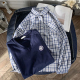 Spring Autumn Men Women's Casual Suits Korean Loose Plaid Long Sleeve Shirt + Knitted Vest Two-piece Suit Lovely Streetwear
