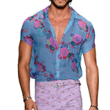 Foesce Sexy Shirt See-Through Lapel Top Loose Flower Printed Short Sleeve Buttons Breathable Shirt for Male