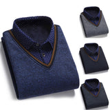 Autumn Men Sweater Fake Two-piece Grid Thicken Knitted Male Base Sweater Solid Pullover Shirt Jumper Slim Sweater Men's Clothing