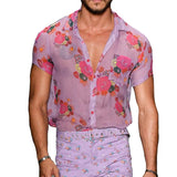 Foesce Sexy Shirt See-Through Lapel Top Loose Flower Printed Short Sleeve Buttons Breathable Shirt for Male