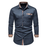 Autumn Plaid Patchwork Formal Shirts for Men Slim Long Sleeve Button Up Blue Shirt Dress Business Office Camisas