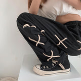 Harajuku Lace Up Oversize Wide Pants Men Side Split Streetwear Fashion Skateboard Pants Ankle-length Trousers Techwear Clothes