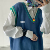 Foesce 1 Sweater Vest Men V-neck Shrug Patchwork Knitted Couples Ins Plus Size 3XL Oversize Harajuku Vests Ins Chic Korean Style Leisure