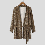 Men Robes Leopard Print Open Stitch Homewear V Neck Long Sleeve Loose Nightgown Men Sexy Bathrobes With Belt S-5XL