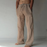Men's Casual Pants Daily Wear Solid Summer Full Length Soft Linen Pants Mid Waist Pocket Drawstring Trousers Streetwear Bottoms
