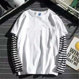 Foesce Cool Striped Patchwork T-Shirt Men Autumn Oversize Tops Boys Solid Long Sleeve T Shirt Fashion Japanese Gothic Japan T Shirt