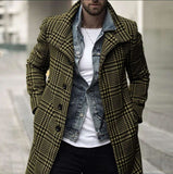 Foesce Autumn Men's Fashion Plaid Windbreaker Casual Streetwear Overcoat Gentleman Luxury Trench Long Coat Manteau