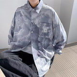 Men's Tie Dye Shirts Long Sleeve Fashion Trend Shirts Cloud Printing Loose Shirts Casual Coats Blue Color Camisa Masculina