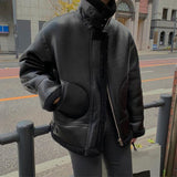 Foesce Korean Leather Coat Men's Warm Fashion Casual Thicken Leather Jacket Men Loose Thick Lamb Wool Short Coat Mens Clothes M-XL