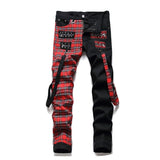 Men's Punk Ribbons Plaid Patchwork Jeans Streetwear Stretched Straight fit Denim Pants for Male