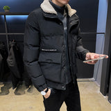 Men's Jacket For Winter Imitation Lambswool Liner Zip Up Coat Windbreaker Turn-down Collar Korean Fashion Warm Parkas