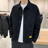 Foesce Large Size Jackets Men Basic Soft Letter Pockets Autumn Wind Breaker Turn-down Collar Teenagers S-4XL Cargo Outwear Hombre Chic