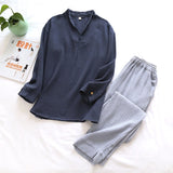 Autumn And Winter Men's Soft Solid Color Pajamas Set 100% Gauze Cotton Top+Pants 2PCS Sleepwear Loose Full Sleeve+Pants Homewear