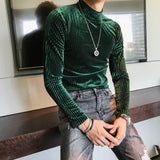 Velvet Turtleneck T-Shirt  Fall Winter Slim Striped Casual T-Shirt Men Long Sleeve Tight T-Shirt Club Costume Camiseta Homme